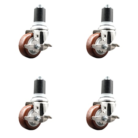Service Caster 3 Inch 316SS Maroon Poly Swivel 1-3/4 Inch Expanding Stem Caster Set Brake SCC SCC-SS316EX20S314-PPUB-MRN-TLB-134-4